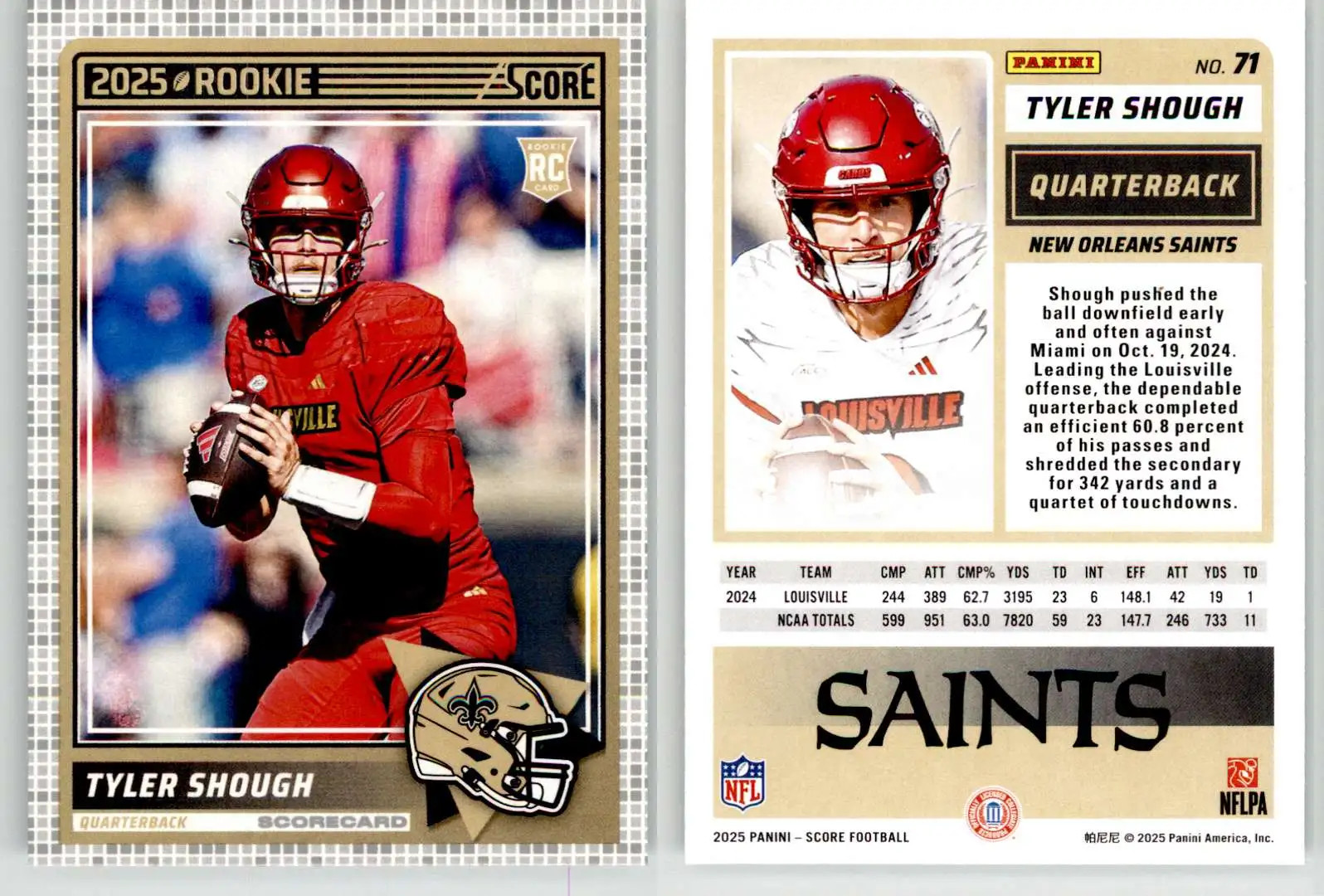 Tyler Shough 2025 Score Scorecard #71 Louisville Saints RC Rookie