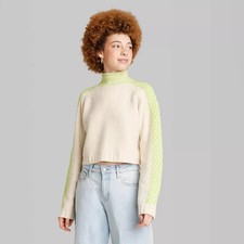 Women's NWT Wild Fable Off-White/Grn Mock Turtleneck Boxy Pullover Sweater Small