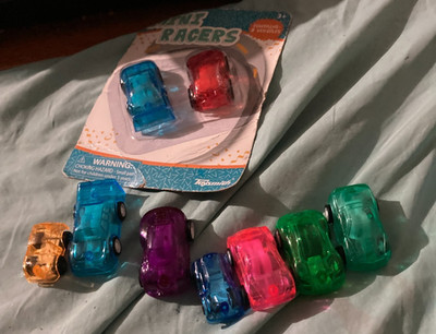MINI RACERS CAR LOT YELLOW BLUE PINK GREEN RED ASSORTED SET TRANSLUCENT TOYSMITH