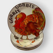 Rosanna Thanksgiving Fall Plates | 8 in | Gobble Spice Turkey Pilgrim | Set of 4