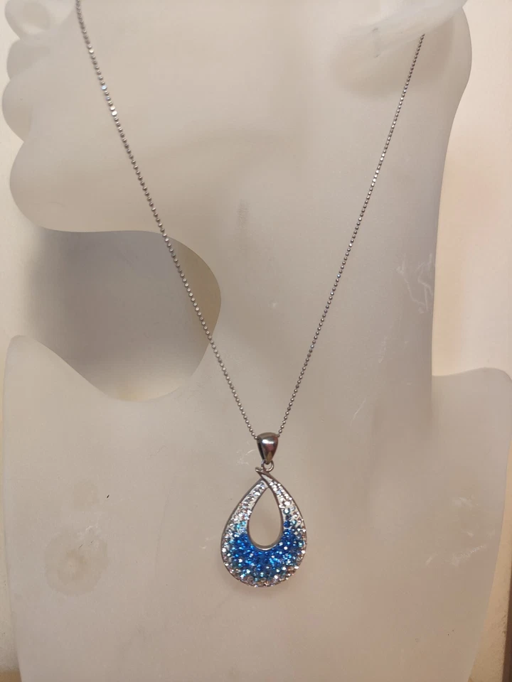 Collana Donna Argento 925 Ciondolo Pendente Goccia Zirconi Blu Azzurro Lucente - Immagine 4 di 4