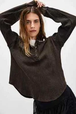 Free People We The Free Holly Henley Top Thermal Button Oversized Blouse M NEW
