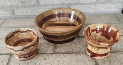 3 Vintage Hand Turned Segmented Wooden Bowls  Various Woods