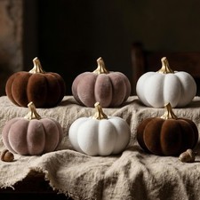 Fall Pumpkin Decor 6 Pcs Velvet Flocked Resin Pumpkins Brown White Gold Stems