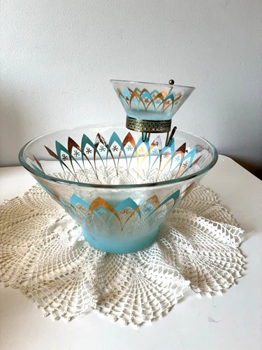 Anchor Hocking Blendo Atomic Turquoise Gold Vtg 1960s Glass Chip & Dip Bowl Set