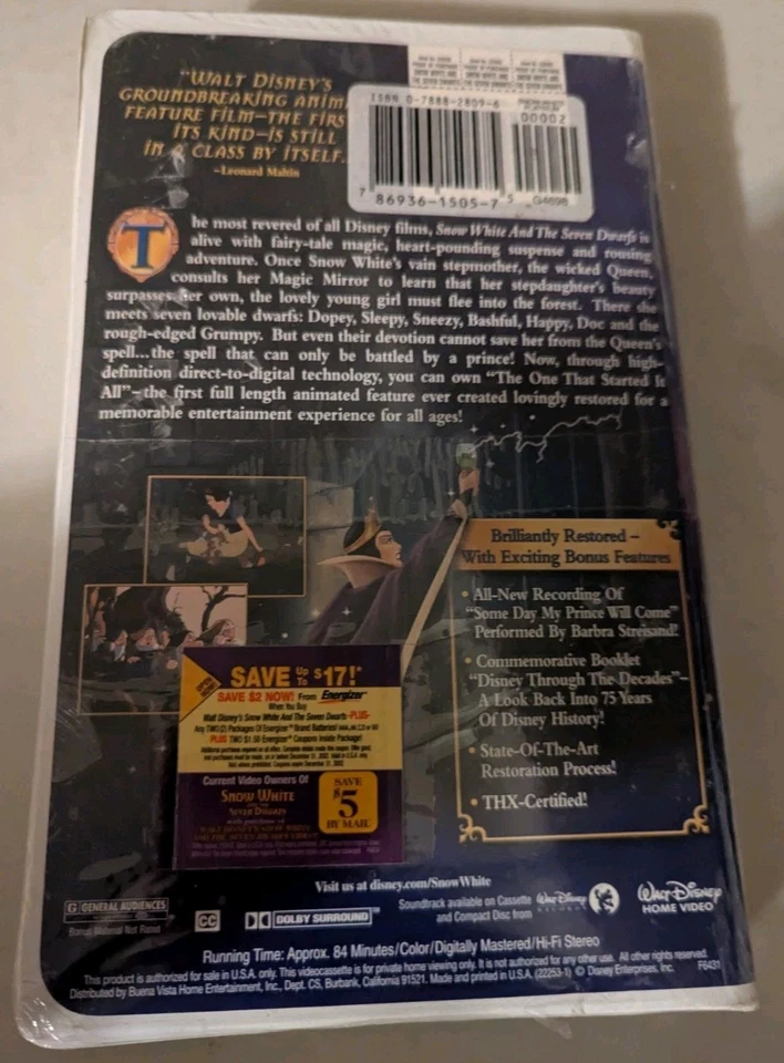 Walt Disney Snow White And The Seven Dwarfs Platinum Edition VHS Factory Sealed  - Image 2 of 3