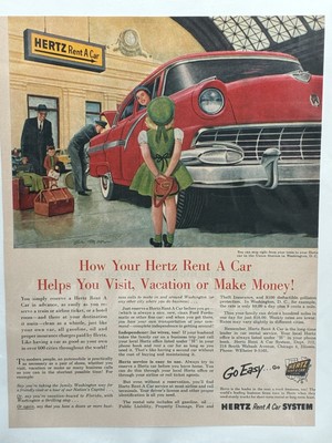 Vintage 1955 Hertz Rent A Car Family Loading Car Print Ad Advertisement 