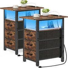 Set of 2 Nightstand with Charging Station and LED Lights, Narrow End Table, LED 
