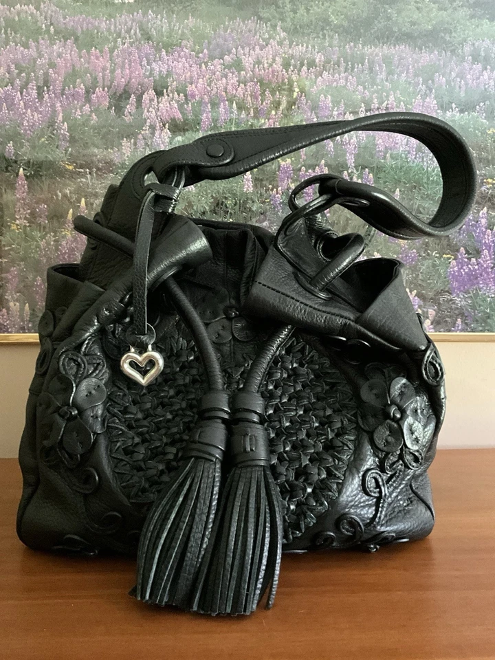 Brighton Lockheart Rosaria Woven Lambskin Black Leather Shoulder Bag EUC - Image 2 of 4