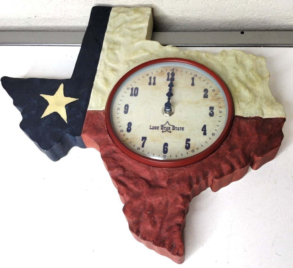Texas Shaped Wall Clock Textured Resin Lone Star Flag Design 12 x 13 x 1.25"