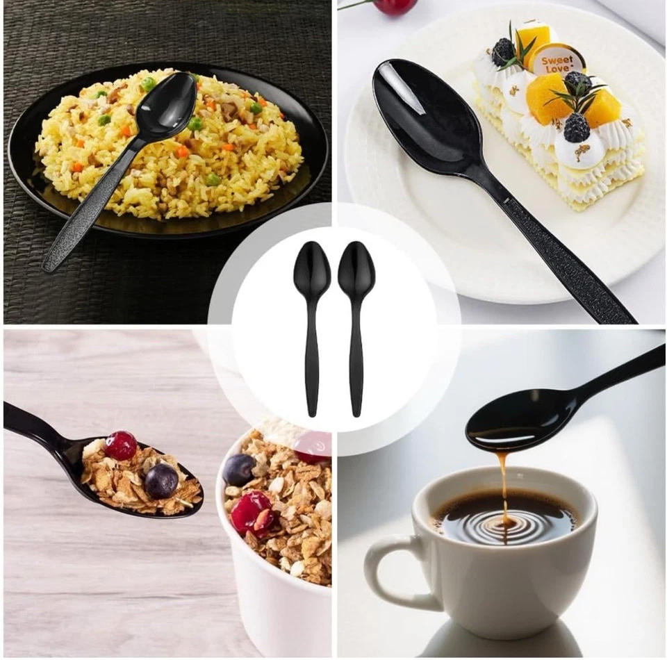 100x Black Plastic Spoons Heavy Duty Disposable Reusable Party Picnic Catering - Image 4 of 4