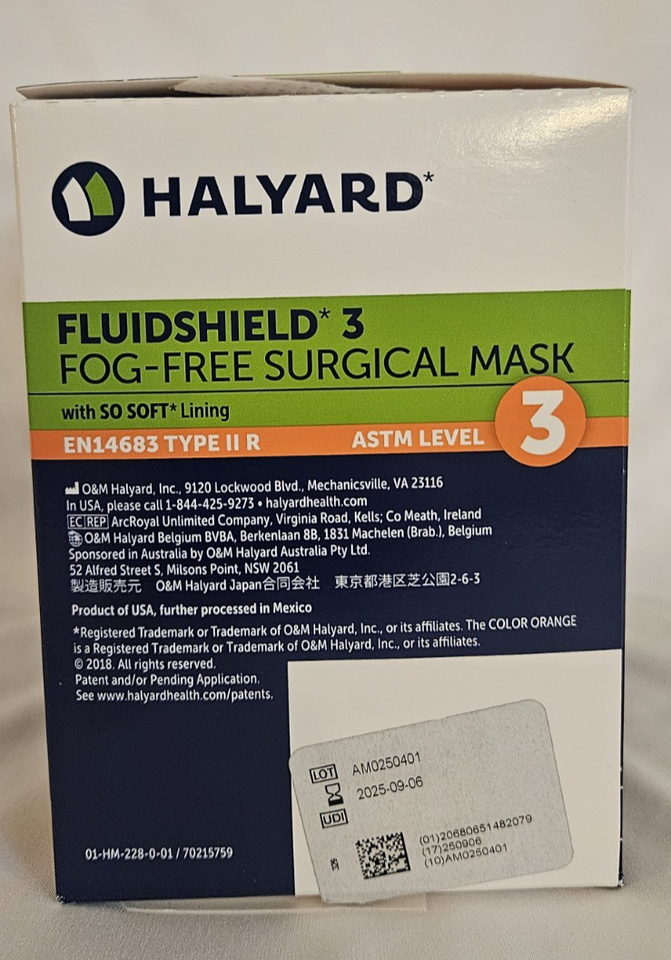 Halyard 48207 Fluid Shield level 3 FOG-FREE SURGICAL Face Mask - 50 Pcs ...