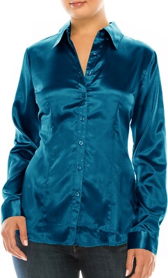 Women Office Wear Shirt Teal Satin 