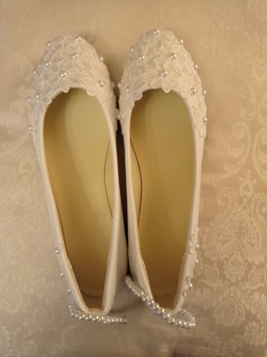 Ballerine da donna in pizzo con punta bassa, in pelle, a zeppa, scarpe basse, per il tempo libero, casual, da donna, bianco, 39 EU