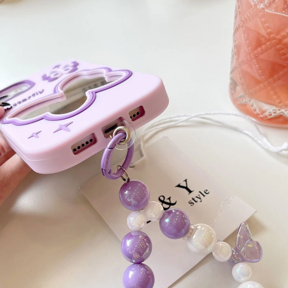 Cute Purple Butterfly Mirror Case with Chain for iPhone 15 14 13 12 11  