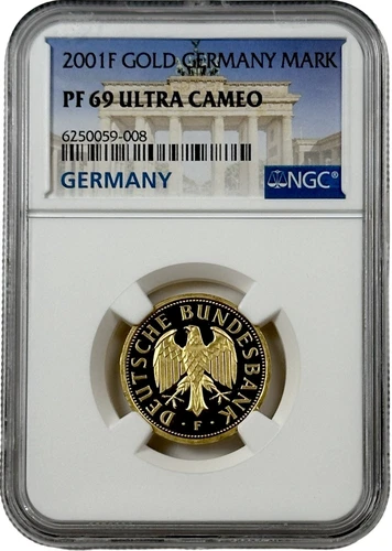 2001 F Stuttgart Mint Germany 1 Mark 0.3855 oz Proof Gold Coin NGC PF 69 UC
