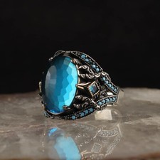 925 Sterling Silver Aquamarine Stone with Turquoise Stones Men Silver Ring