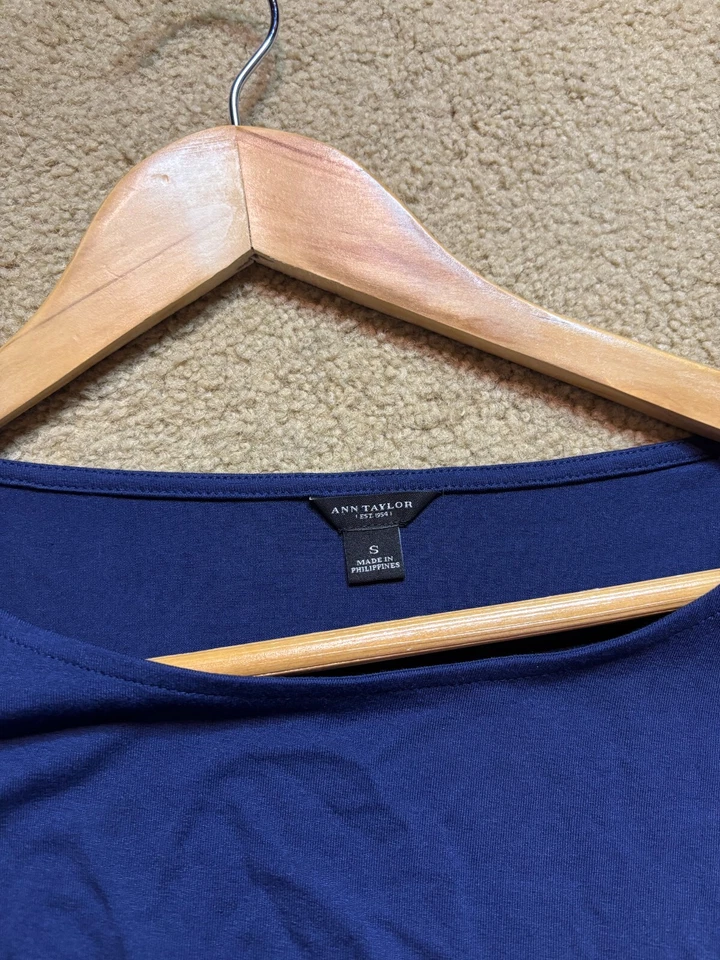 Ann Taylor Navy Blue Faux Wrap Boat Wide Neck Tie Front 3/4 Sleeve Shirt Dress S - Image 4 of 4