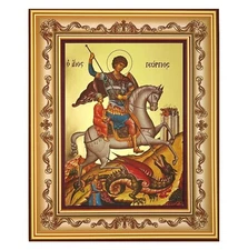 St Saint George Icon Greek Orthodox Icon  Gold Wooden Frame Byzantine