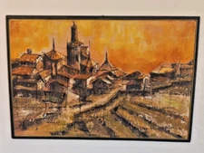 Vintage MCM oil on board signed painting cityscape