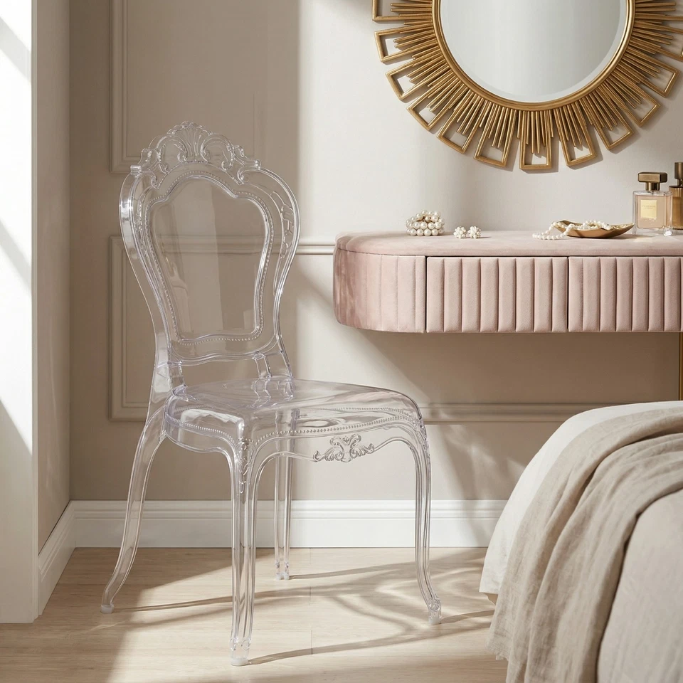 French Louis Bella Clear Ghost Dining Occasional Vanity Chair Transparent
