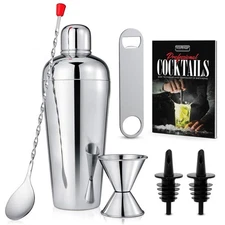 NutriChef 7-Pc Bartender Set w/ Cocktail Shaker, Jigger, Pourers & Recipes