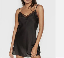 Victorias Secret Black Satin Chemise-Large-Slip Dress-Lace Trim-Adjustable Strap