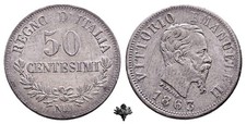 KINGDOM OF ITALY 50 cents 1863 Naples SILVER Vittorio Emanuele II
