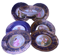 Royal Vienna Austrian Hans Zatzka Dessert set, Cobalt Blue Gilt