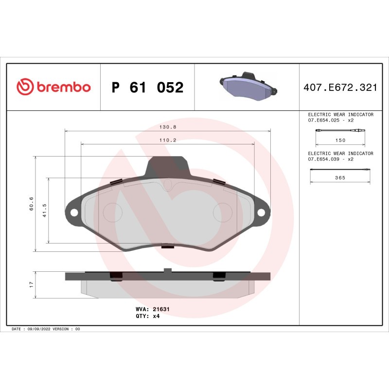 BREMBO P 61 052 Brake Pads Set Front for Citroen Xantia