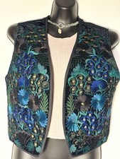 NEW Sz Medium Guatemalan hand embroidered floral Blue Green Black cotton vest