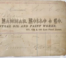 1873 Hammar Rollo & Co Oil Paint Billhead Receipt Cincinnati Ohio 1800s Ephemera