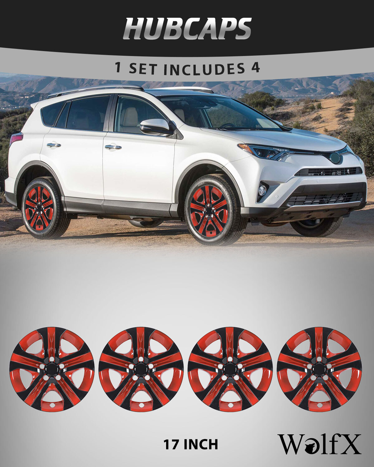 Black & Red 17-Inch Snap-On Wheel Covers for 2013-2018 Toyota RAV4