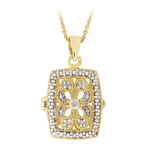 Gold over Silver Diamond Accent Filigree Rectangle Locket Necklace - Afbeelding 1 van 5