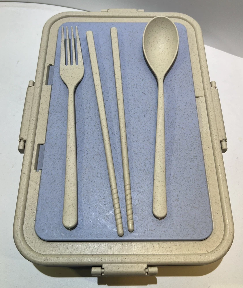 Light Blue & Tan Bento Box Compartment Lunch Box with Utensils - New Light Blue & Tan Bento Box Compartment Lunch Box with Utensils - New