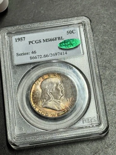 1957 P Franklin Half Dollar PCGS MS66 FBL CAC Stunning Toned Toning Coin (3638)