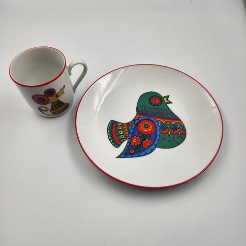 Bareuther Bavaria Germany Folk Art Porcelain Tea Cup Plate Vintage Mouse & Bird