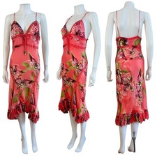 Vintage 2004 Roberto Cavalli Coral Floral Orchid Silk Midi Slip Dress