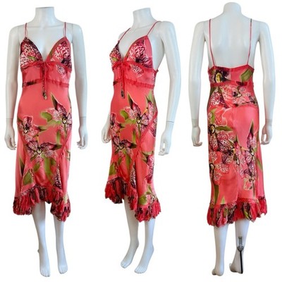 Vintage 2004 Roberto Cavalli Coral Floral Orchid Silk Midi Slip