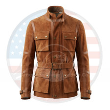 Image of Men’s Vintage Tobacco Goat Suede Safari Jacket Retro Brown Belted Leather Trim