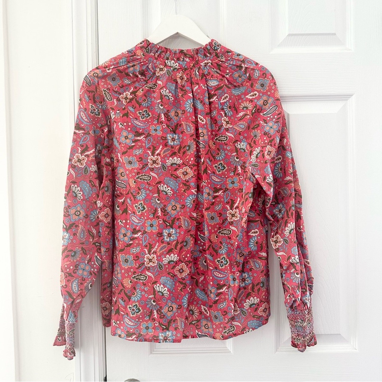 Boden Red Smocked Cuff Printed Split Neck Top Rad… - image 12