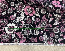 2007 Timeless Treasures Black pink white floral Cotton fabric 1.25 yards 