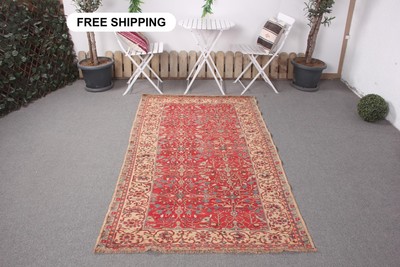 3,8x6,7 ft Rug, Turkish Vintage Rug, Red Beige Ombré Wool Rug