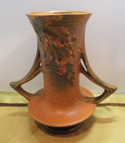 ROSEVILLE Pottery American Arts/Crafts BUSHBERRY Double Twig Handled VASE #34-8"
