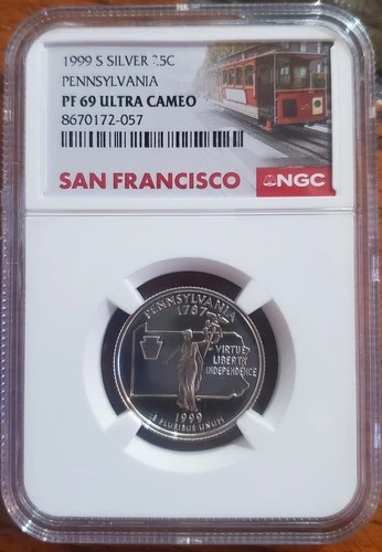 1999-S Silver 25C NGC PF69 UltraCameo Pennsylvania State Quarter S/F Trolley Car