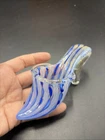 Vintage Art Murano Glass Latticino & Ladies Slipper Shoe Mini 5”L Blue Ribbon