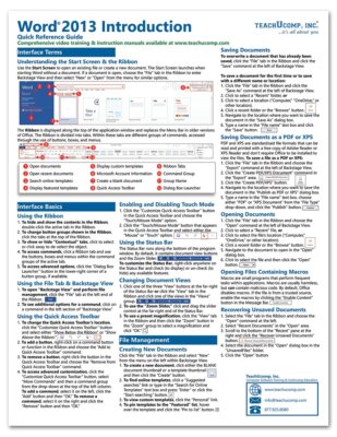 Word 2013 Training Guide Quick Reference Card 4 Page Cheat Sheet Instructions