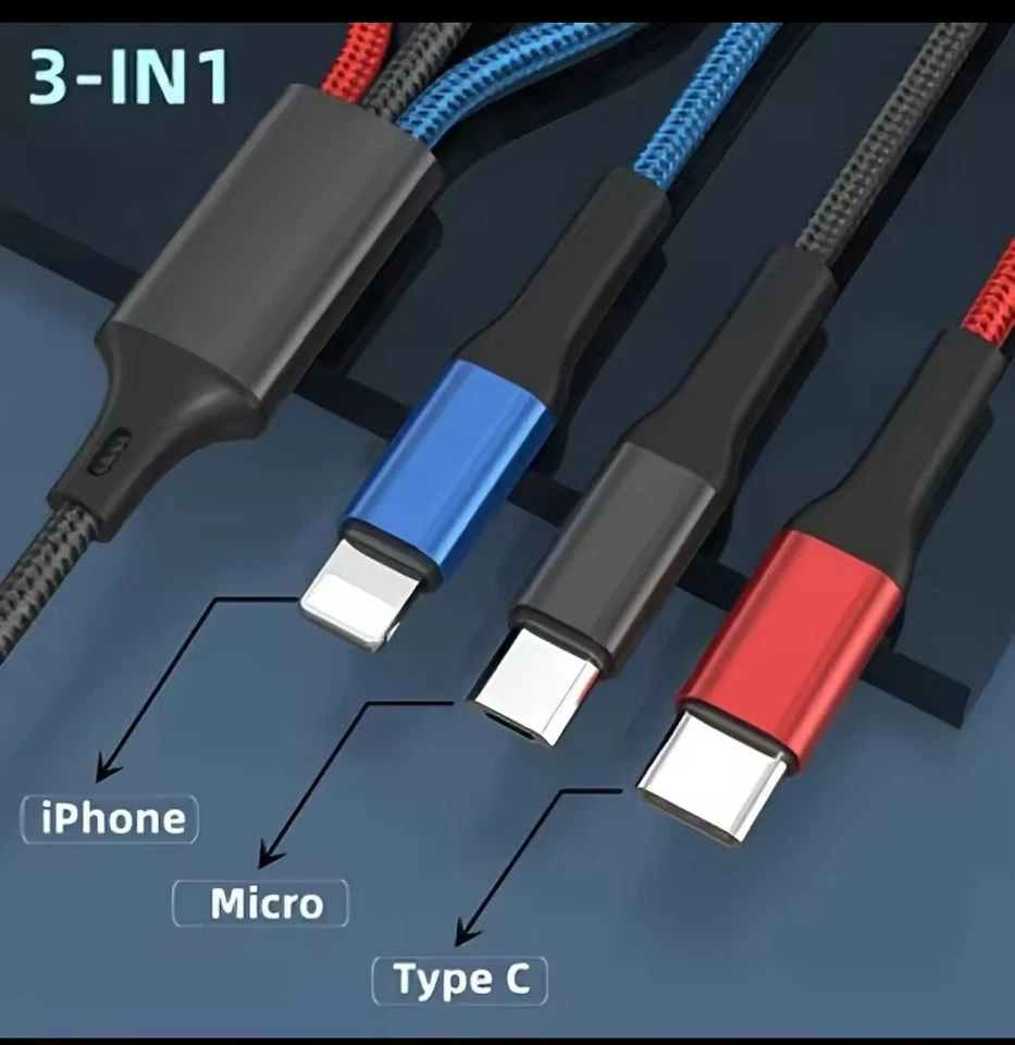 Cable de carga rápida 3 en 1 multi USB para micro iPhone Android tipo C Foto 3 de 4