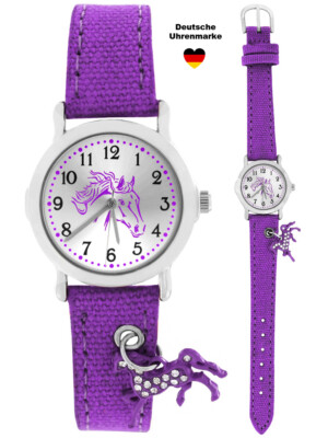 Armbanduhr Kinder Uhr Mädchen Pferd violett Anhänger Pferdemotiv  Textilarmband