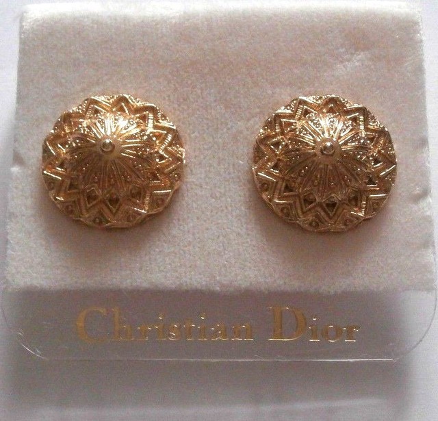 Christian Dior Signed Gold Plated Round ClipOn Earrings with Fancy